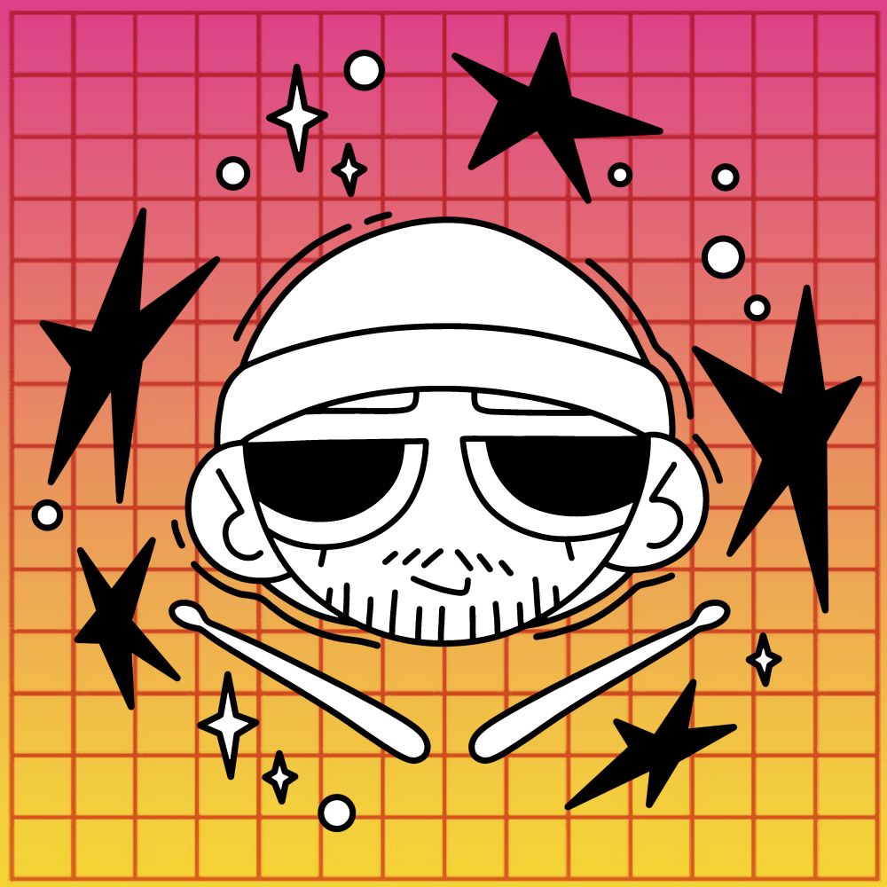 black and white drawing of a person with a beanie, facial hair and drumsticks, surrounded by stars