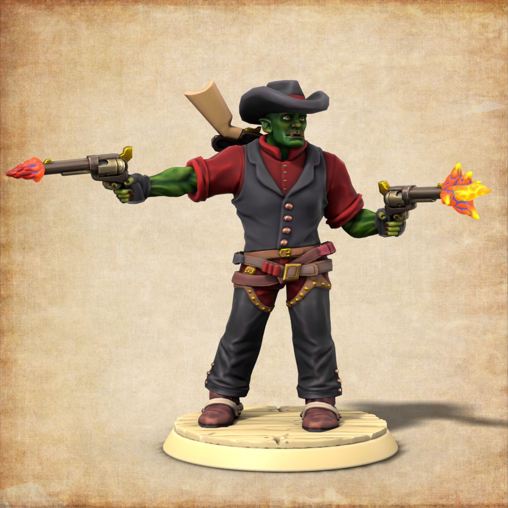 Digital Hero Forge Mini. Green skinned man of mixed elf & orc ancestry. He is wearing a black cowboy hat with a red band, a red button down shirt, a black vest with brass buttons, several brown belts with bullets on them, red pants, black chaps and brown western boots. He is holding and firing a brass & bronze revolver in each hand. On his back is a rfile. You can see he has gold eyes and red tusks. 