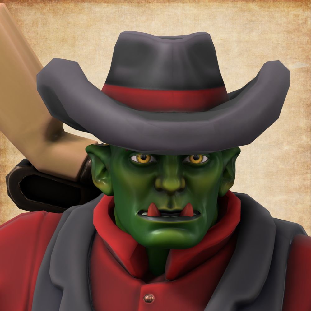 Digital Hero Forge Mini. Close up of a mixed ancestry elf & orc with green skin. He has gold eyes and blood red tusks. His ears are slightly pointed. He is wearing a black hat with a red band.
