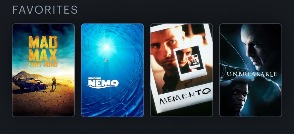 A screenshot from the letterboxd app showing Kennedy’s four favourite films. On a black background there are four movie posters in a row:  from left to right they are Mad Max: Fury Road; Finding Nemo; Memento; Unbreakable. 