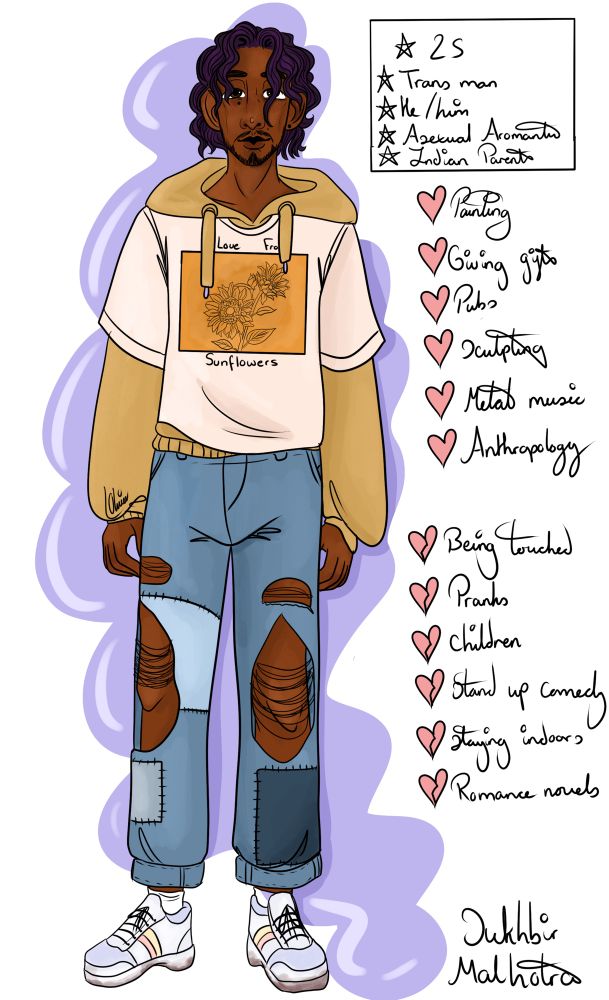 A digital drawing of a young south Asian man; he has dark purple chin length hair and dark brown eyes. He also has a small beard. He is wearing a yellow hoodie under a cream tshirt- on this is a drawing of sunflowers, a pair of baggy patchwork jeans, white socks, and pastel blue trainers. He has a short bio next to him that reads: Sukhbir Malhotra, 25, trans man, he/him, asexual aromantic, Indian parents. Below that is a small likes and dislikes section. Likes: painting, giving gifts, pubs, sculpting, metal music, anthropology. Dislikes: being touched, pranks, children, stand up comedy, staying indoors, romance novels.  