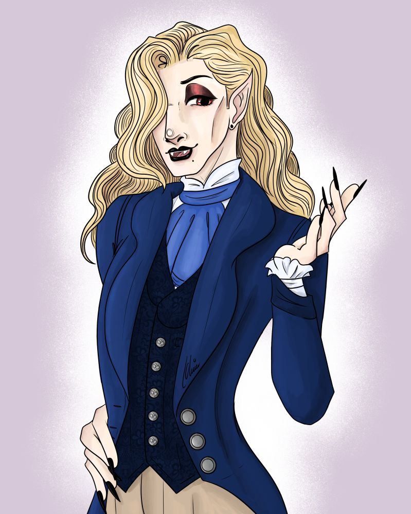 A digital drawing of a white vampire man with long blond hair and red eyes. He is stood with his right hand on his hip and his left raised by his head. He is wearing a dark blue tailcoat, a darker blue lace print waistcoat, a white frilled shirt, a mid blue jabot, and beige trousers. His nails are long black stilettos.  