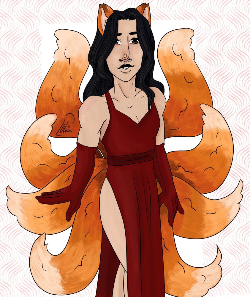 A drawing of a slightly muscular Japanese man with 8 red fox style tails. He has long black hair and dark brown eyes. He is wearing a long red dress with a high split in the leg. He has matching elbow length gloves. 