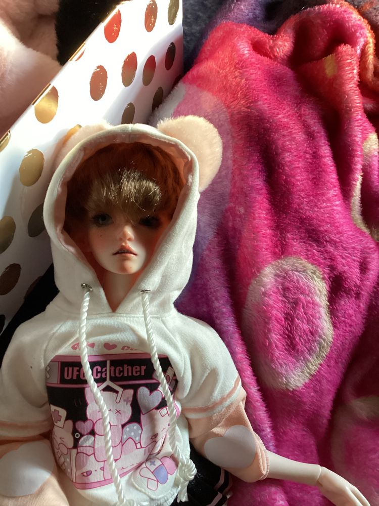 A photo of my bjd Alaric. He is wearing a pink cat ear hoodie with a black skirt. He has short dark brown hair and grey green eyes. (These things will change with time.) 