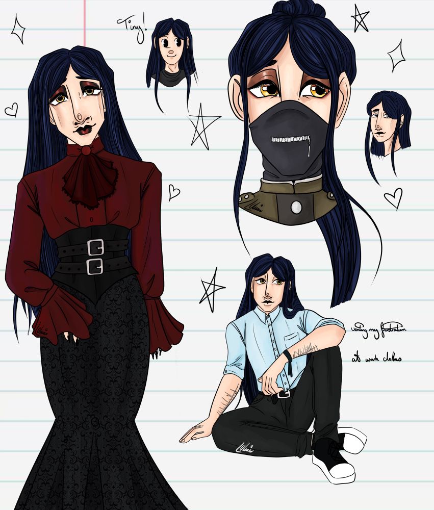 Five drawings of the character Korekiyo Shinguji from Danganronpa v3. In the first, he is wearing a red satin high neck shirt with a dark red cravat, a black buckled corset, and a long black mermaid tail skirt with lace detailing. The second is a chibi head drawing, next to this is the word “tiny.” The third is a neck up drawing of him in his canon outfit, but with his hair tied up in a high ponytail. The fourth is a small head sketch. The last is a full body drawing of him sat down with his left arm over his knees. He is wearing a pale blue button up shirt, black jeans with a matching belt, and black converse. Next to this drawing is the words “venting my frustration at work clothes.” 