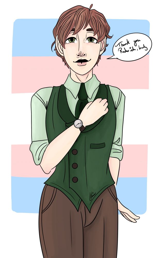 A digital drawing of Male Hungary from Hetalia. He is stood in front of a trans flag background. He is wearing a pale green shirt, a dark green tie, a mid green waistcoat, and dark brown dress trousers. He has his right hand to his chest and a slight smile on his face. To the left, there is a speech bubble that says “thank you Roderich, truly” in reference to my fanfic.  