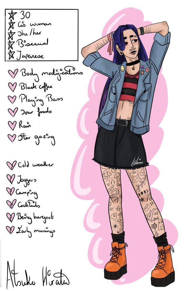 A drawing of a young, thin East Asian woman with long dark blue hair and brown eyes. She is stood with her arms above her head, visible self harm scars are on both her wrists. She has a slightly shaved left eyebrow and dark smoky makeup. She is wearing a red and black striped crop top, a large blue denim jacket, a dark blue-black denim skirt, black calf socks, and orange combat boots. She has many flash style tattoos on her legs- all of which were done by herself. Next to her is a small bio that reads: Atsuko Hirata, 30, cis woman, she/her, Bisexual, Japanese. Underneath this is a small likes and dislikes section that reads- Likes: body modifications, black coffee, playing bass, sour foods, rain, star gazing. Dislikes: cold weather, joggers, camping, cocktails, being barefoot, early mornings. 