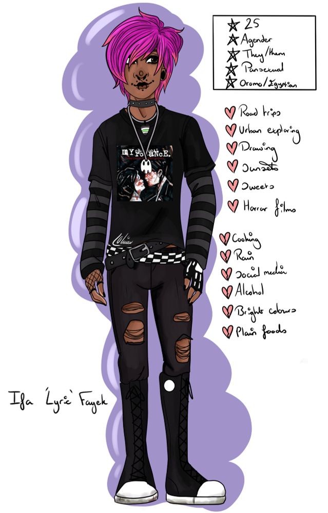 A digital drawing of a young mixed Oromo/Egyptian person; they have neon pink chin length hair pulled across their face and dark brown eyes. They have many facial piercings and large stretched ears. They’re wearing a black striped jumper under a black My Chemical Romance (band) shirt, black skinny jeans, and black calf high converse. They’re also wearing many bracelets, many belts, and a pair of skeleton gloves. They have two necklaces, one cartoon sheet ghost, and an Agender flag coloured plectrum. They have a short bio next to them that reads: Ifa ‘Lyric’ Fayek, 25, Agender, they/them, Pansexual, Oromo/Egyptian. Below that is a small likes and dislikes section. Likes: road trips, urban exploring, drawing, sunsets, sweets, horror films. Dislikes: cooking, rain, social media, alcohol, bright colours, plain food. 