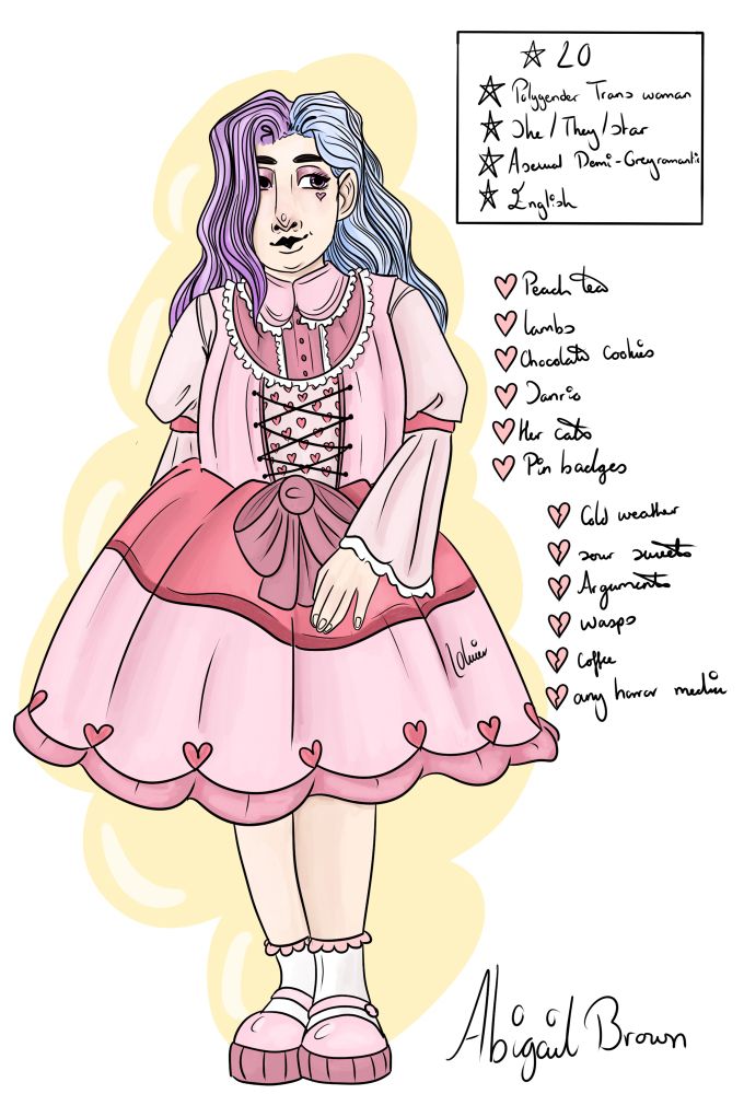 A digital drawing of a white fem person with purple eyes and long split dyed (purple and blue). They’re wearing a pink sweet Lolita style dress, platform Mary Janes, and white ankle socks. To the side of them is a small bio that reads: Abigail Brown, Polygender Trans Woman, she/they/star, asexual demi-greyromantic, English. Underneath this is a likes and dislikes section. Likes: peach tea, lambs, chocolate cookies, Sanrio, her cats, pin badges. Dislikes: cold weather, sour sweets, arguments, wasps, coffee, any horror media. 