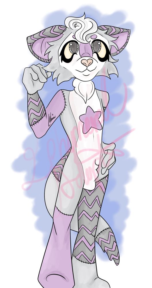A digital drawing of a plush anthro aye-aye in the colours of the asexual flag (grey,white, purple, and a desaturated black for colour cohesion). 