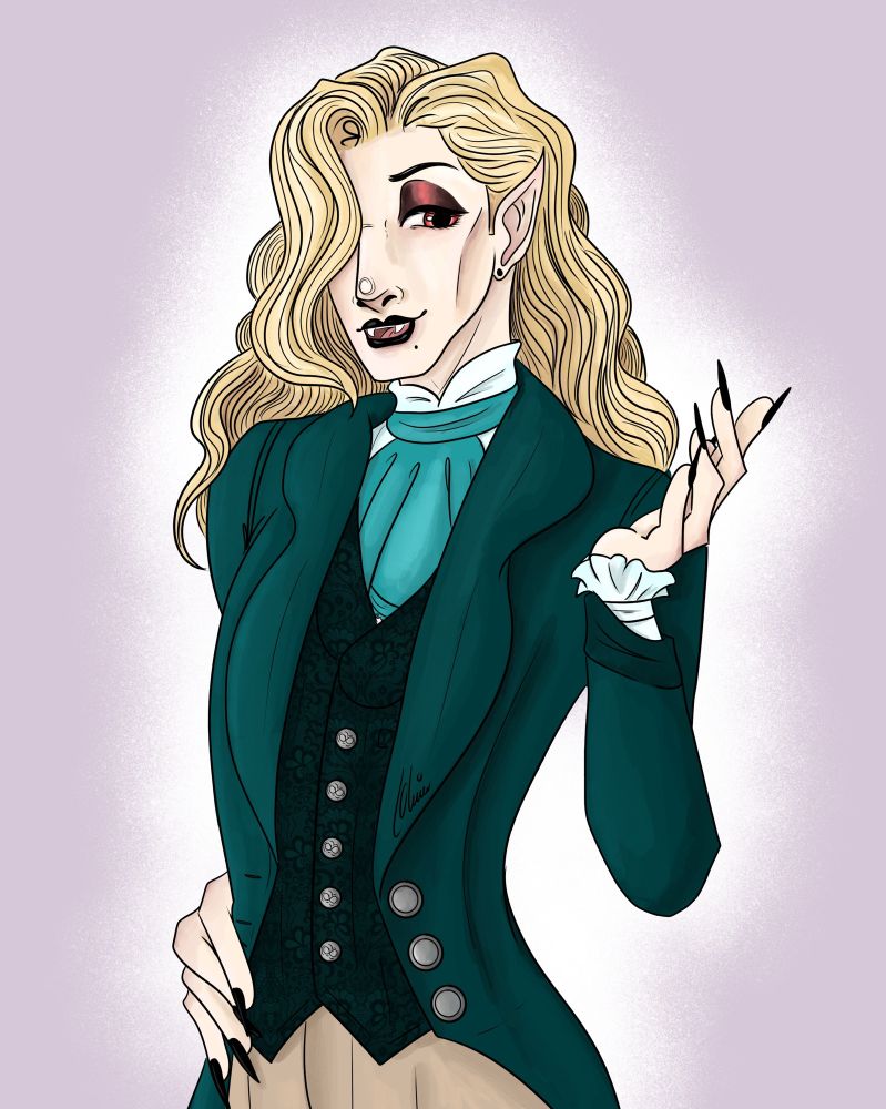 A digital drawing of a white vampire man with long blond hair and red eyes. He is stood with his right hand on his hip and his left raised by his head. He is wearing a dark green tailcoat, a darker green lace print waistcoat, a white frilled shirt, a mid turquoise jabot, and beige trousers. His nails are long black stilettos.  