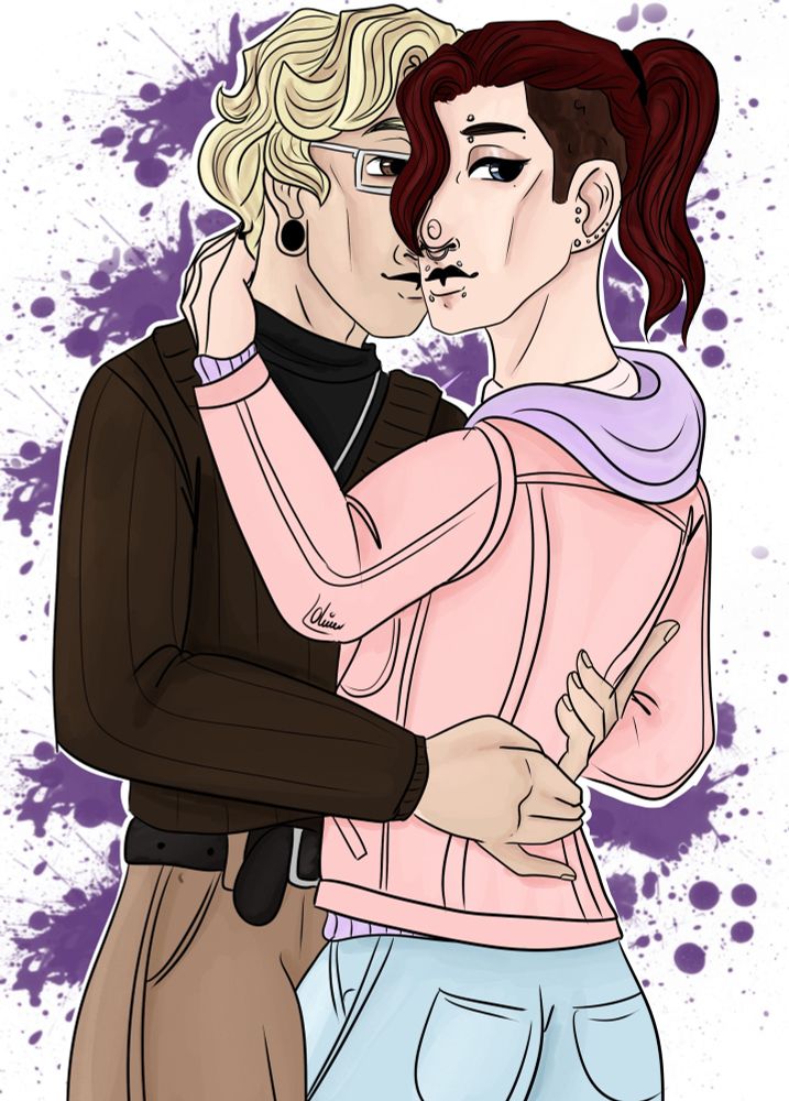 A digital drawing of my ocs Jasper and Elliott pulled into an embrace. Elliott is looking over his shoulder with a slight smile, Jasper is looking directly at Elliott with a smile. Elliott is a white man with dark red hair and blue eyes. He is wearing a pastel pink denim jacket, pale blue jeans, and a pastel purple hoodie. Jasper is a white man with blond hair and brown eyes. He is wearing a black turtleneck under a dark brown v necked jumper, beige chinos, and a black belt.  