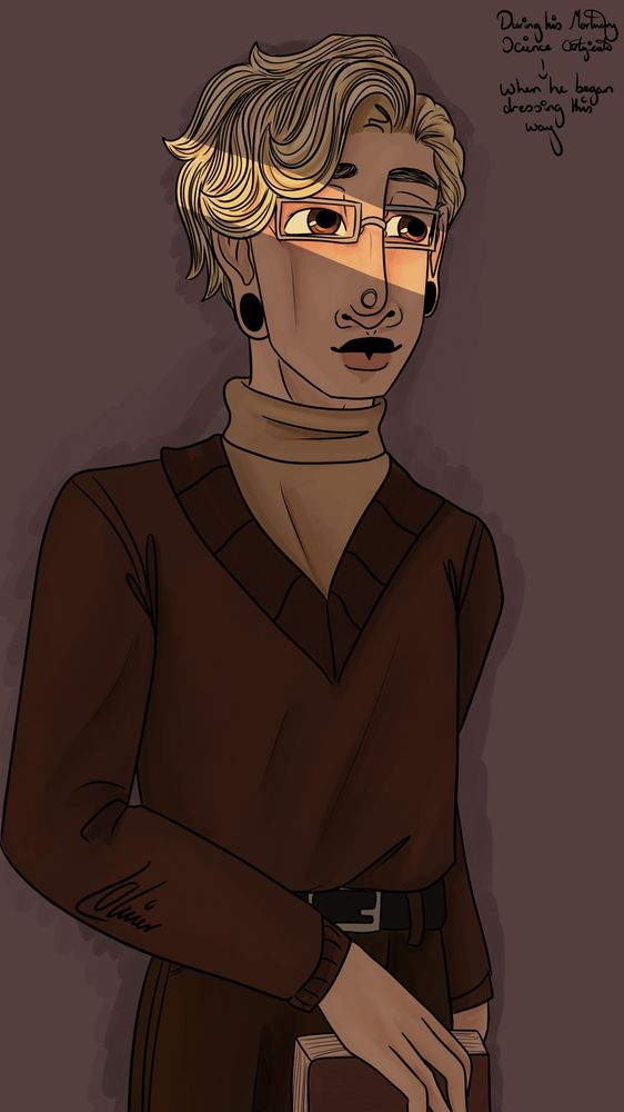 A drawing of my OC Jasper Robinson, a blond haired white man with brown eyes and silver glasses. He is wearing a beige turtleneck under a v neck dark brown jumper, and a pair of high waisted dark brown trousers. He is holding a brown leather book in his right hand. He is mostly in a warm shadow, with a light yellow light framing his eyes. 