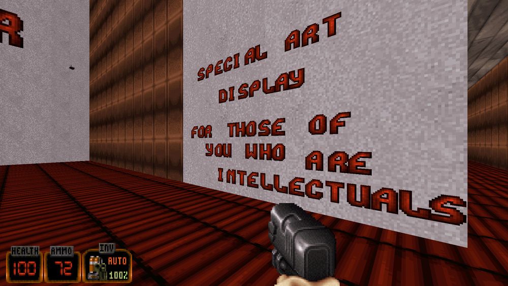 Wall in Duke 3D usermap 'carni2.map' with text that reads  "Special art display for those of you who are intellectuals'