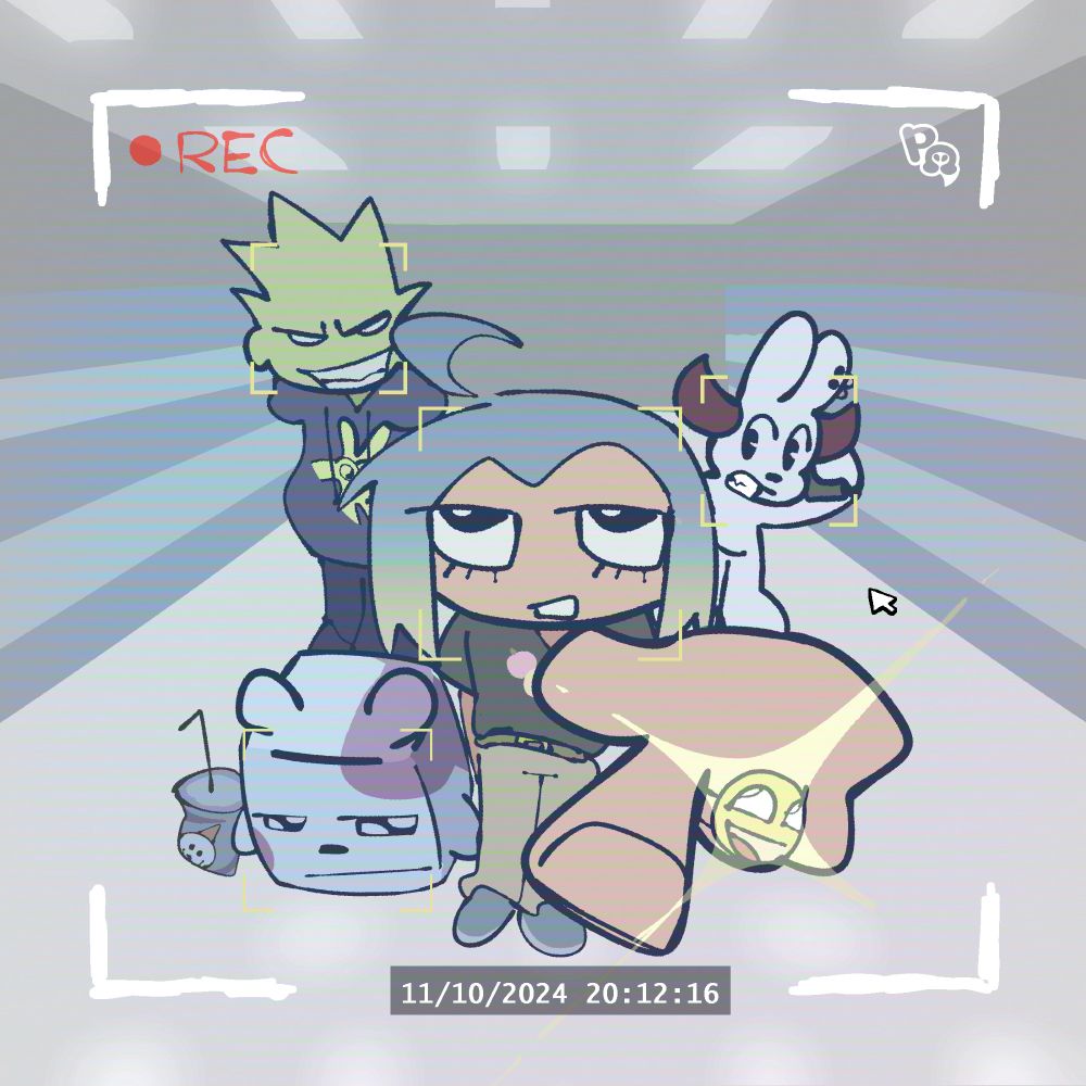 A drawing of four characters standing in the aisle of a nondescript store. The drawing is framed from the perspective of a security camera, with the character in the front of the group gesturing towards the camera. This character has dyed hair, a gray shirt, and tan baggy pants. Behind the leader are three characters, the first character is a cuboid animal character holding a fountain soda container, the second character is a green guy with green spiky hair wearing a gray hoodie, and the third character is a stout horned cartoon rabbit making a phone call.
