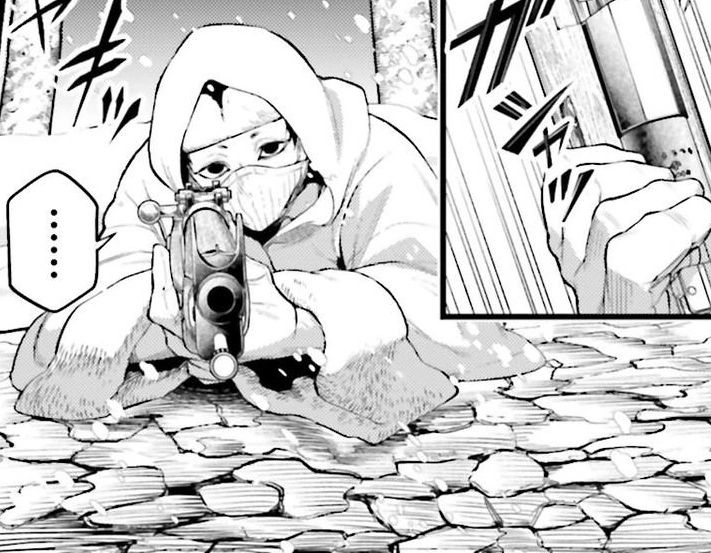 A panel from the manga Record of Ragnarok/Shuumatsu no Warukyuure depicting Finnish sniper Simo Häyhä, who likely had over 500 kills in 100 days during the Winter War of 1939-1940. He is using an M/28-30 rifle  and is in a prone position taking aim.