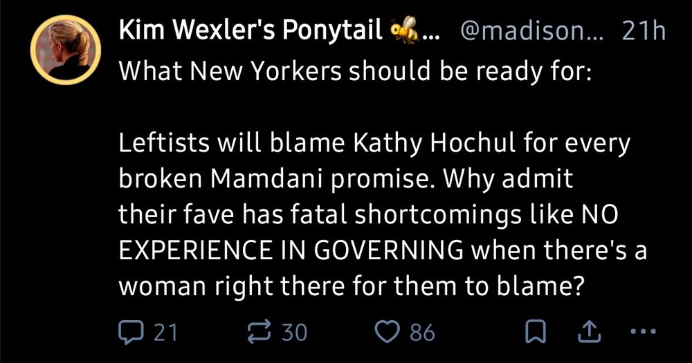 Skeet from Kim Wexler's Ponytail reads: 

"What New Yorkers should be ready for:

Leftists will blame Kathy Hochul for every broken Mamdani promise. Why admit their fave has fatal shortcomings like NO EXPERIENCE IN GOVERNING when there's a woman right there for them to blame?"