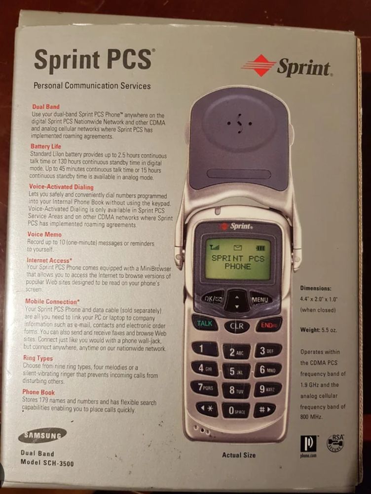 A Sprint PCS Samsung SCH-3500 box, showing off the phone’s sweet extendable antenna, flip-open earpiece, and dot matrix screen with basic text internet.