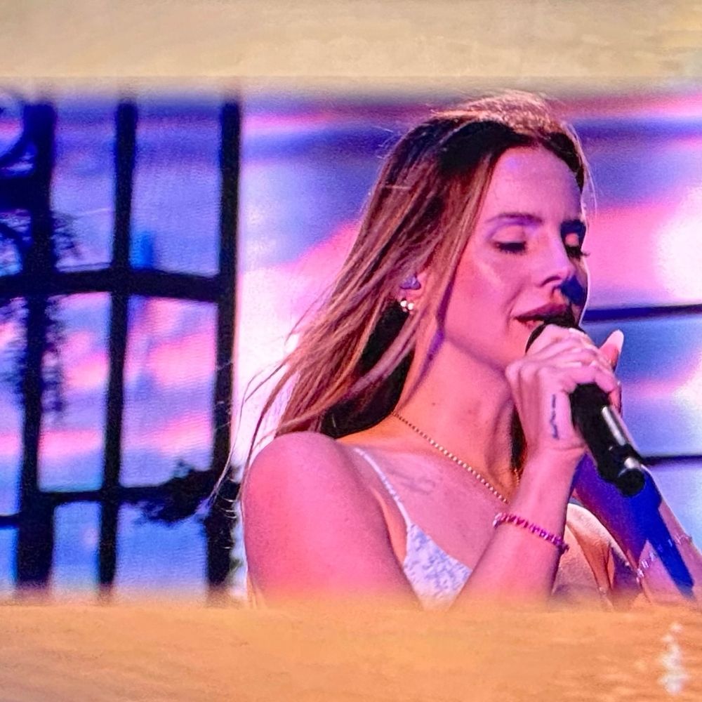 A photo of Lana Del Rey singing during her show at Reading Festival in 2024. 
