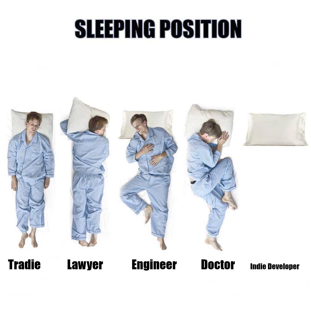 A meme of indie developers getting no sleep