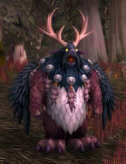A screenshot of a moonkin from the videogame World of Warcraft. A moonkin is an amalgamation of an Owl, Bear, Deer and a few other animals.