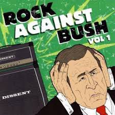 The artwork for the album “Rock Against Bush, volume 1” which contains artwork of George W. Bush covering his ears next to a guitar amplifier.