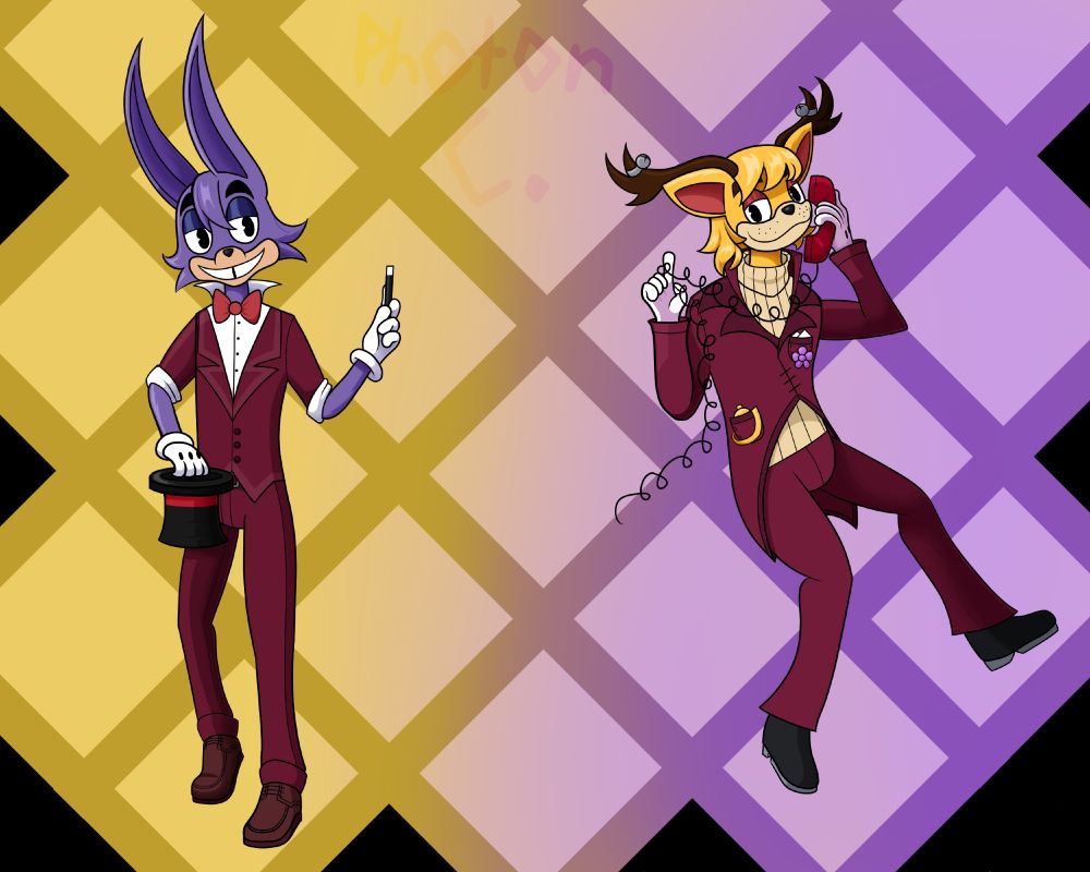 An Art Fight 2025 attack on BadLuckJack's character Presto and PolarPanda15's character Noisy Biscuit Biggensnoop. Presto is a purple rabbit Toon wearing a pink suit with a white undershirt, brown-ish shows, and a red bowtie. Biscuit is a yellow deer Toon with short hair and brown antlers with silver bells on them. He, like presto, wears a pink suit, this time with a beige turtleneck under it, and black shoes with grey soles. Pinned onto one of their shirt pockets is a purple flower, and inside the other is a yellow bell.

Presto stands proudly, holding a magician's hat in his right hand and w magic wand in his left. Biscuit, meanwhile, is in the air, holding a telephone and its connecting wires in his hands. He hold the phone up to his ear.