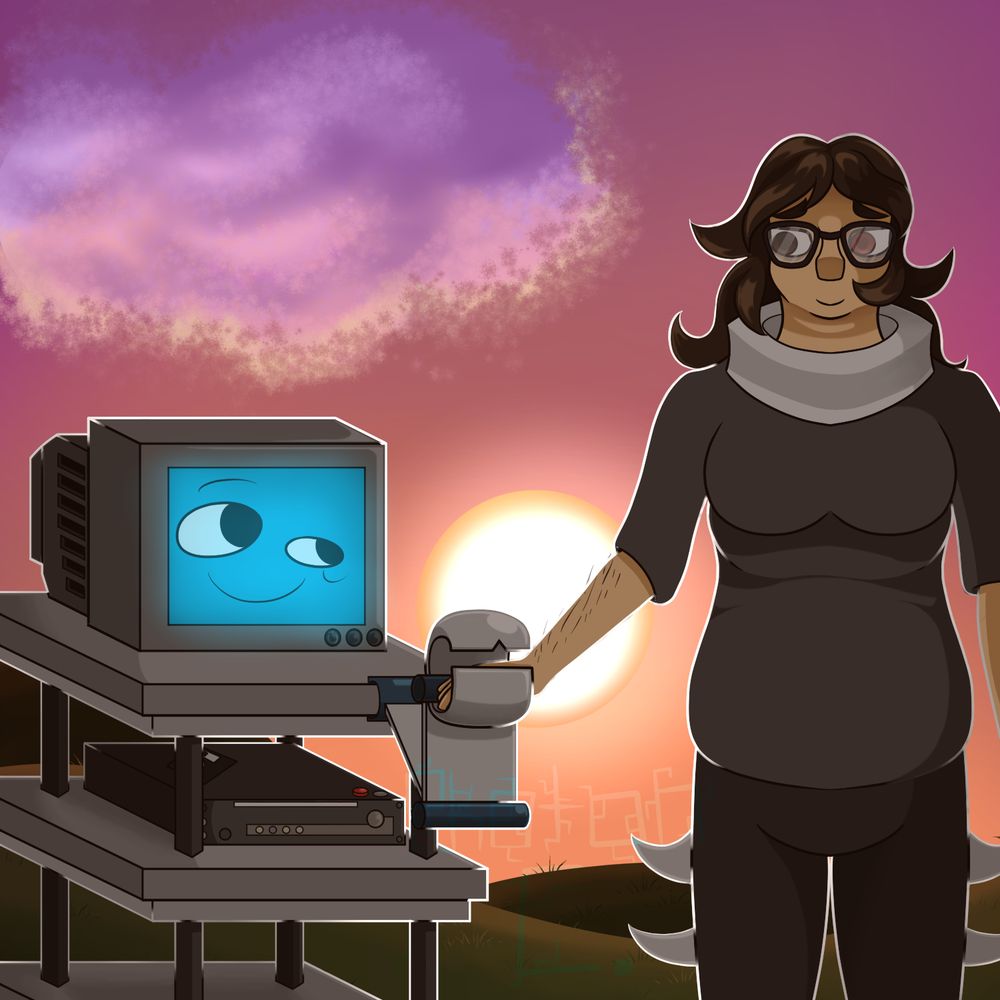 An illustrated drawing of Scag from Regretevator and my self insert, Vix holding hands. Their silhouettes are illuminated by a sunset background, grassy hills with an orange tint behind them. In the sky is a single cloud, covered in a multitude of colors ranging from purple to yellow by the setting Sun.