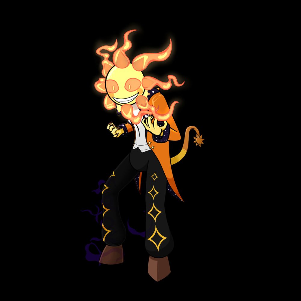 A drawing of my Regretevator OC, Shinedown. Their appearance in this drawing is largely the same as the previous one. However, their sclera are a pale and pupils a pale yellow. Long, thin, and pale-colored flames now surround their horns.

In the drawing, Shinedown bends forwards, hands facing upwards as their fingers bend before their barely-contained anger. Despite the fury they posses however, Shinedown still smiles, although their usually semicircle eyes are widened out.