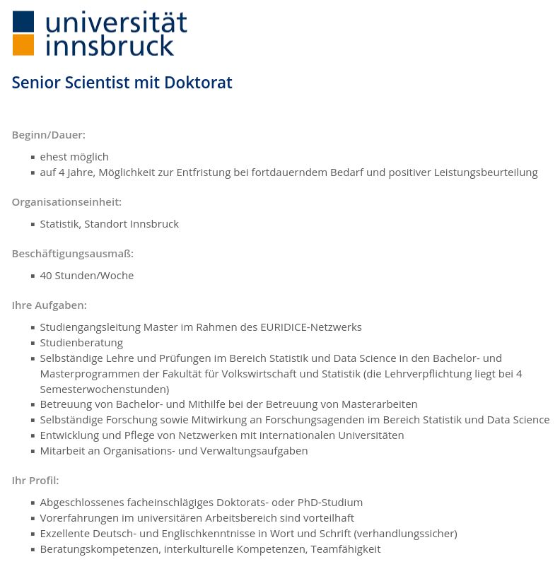 Screenshot of the job offer online at https://lfuonline.uibk.ac.at/public/karriereportal.details?asg_id_in=14873