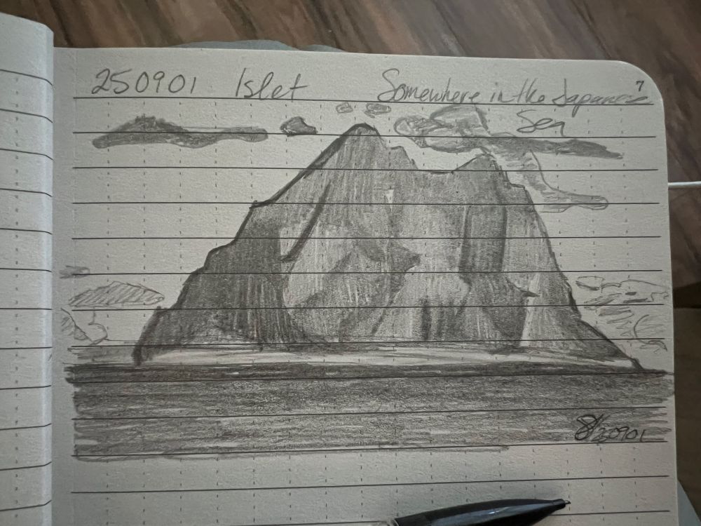pencil sketch of a distant island