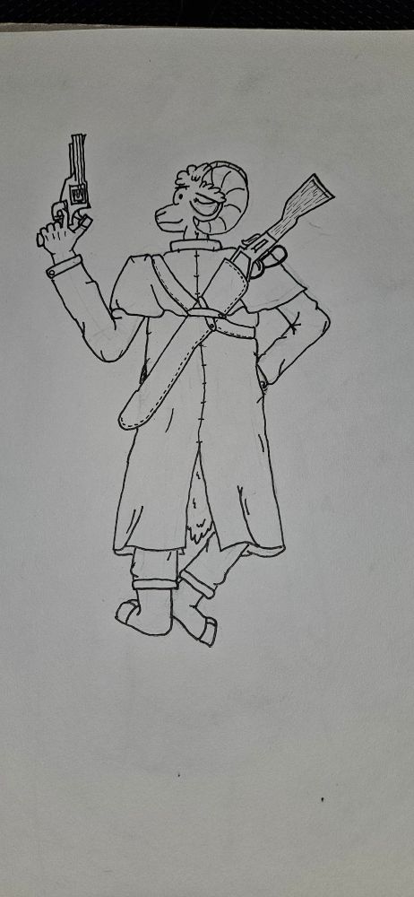 Art of Kenyon from behind, looking over his sholder. He is wearing a trenchcoat with a rifle on his back and a revolver in his hand.