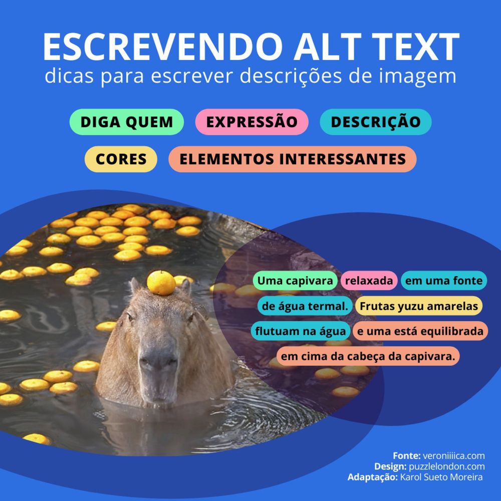 ALT text copiado e traduzido do site de origem da imagem: Um infográfico entitulado "Escrevendo Alt Text" junto de uma foto de uma capivara. Partes do alt text estão divididas por cor, incluindo "diga quem", "expressão", "descrição", "cores" e "elementos interessantes". A descrição finalizada é "Uma capivara relaxada em uma fonte de água termal. Frutas yuzu amarelas flutuam na água e uma está equilibrada em cima da cabeça da capivara.”
Créditos pelas informações para veroniiiica.com, pelo design para a agência Puzzle London e pela adaptação do texto para Karol Sueto Moreira.