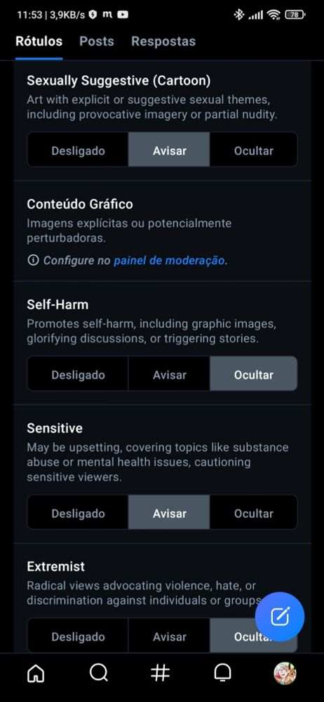 Print da lista dos rótulos e botões de ações.
Exemplo
Sexually Suggestive (Cartoon)
Art with explicit or suggestive sexual themes, including provocative imagery or partial nudity.
Botões: Desligado, Avisar (selecionado), Ocultar.