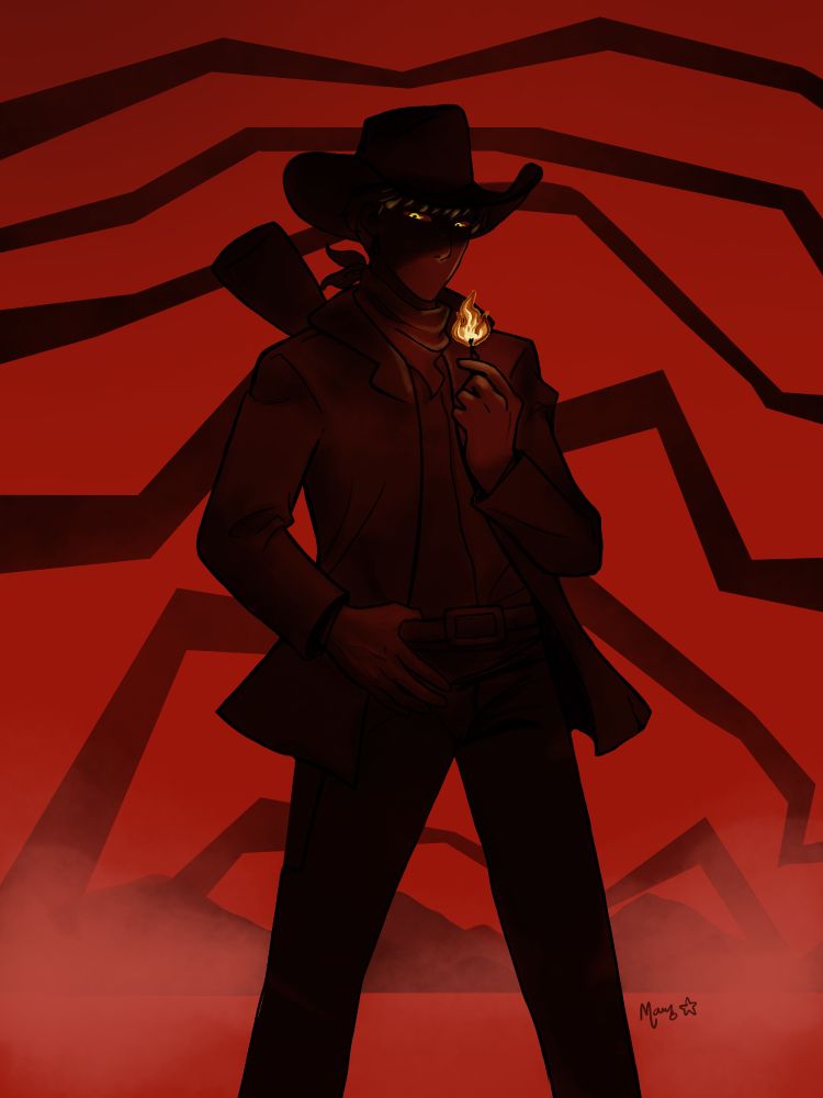 Dark sillouhette of the protagonist of Persona 4 wearing a cowboy hat and other cowboy attire. He holds a lit match that illuminates his startlingly blank face, his eyes shining golden through the shadows. His stance is imposing, he stands against the red sky carved out my black jagged lines, reminiscent of Magatsu Inaba, fog gathering in the background.