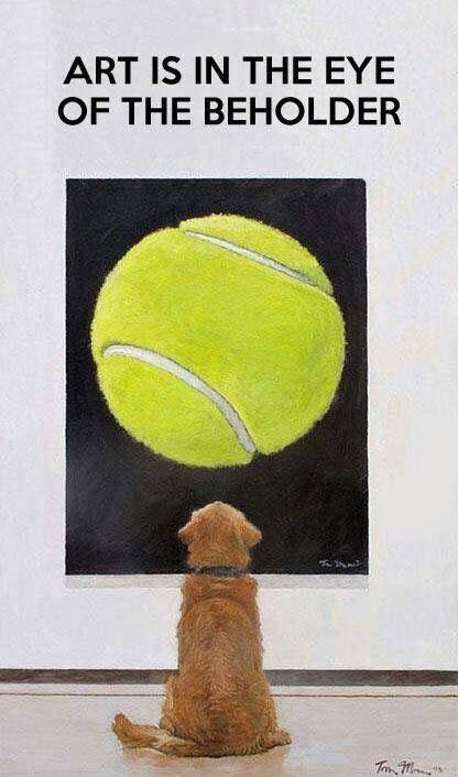 Painting of a reddish brown dog (golden?) sitting in an art gallery looking up at a painting of a giant tennis ball 