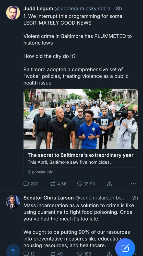 Captured two posts that just happened to be next to each other, one that talks about how Baltimore reduced crime by targeting poverty and racism and the current post from the Senator. 