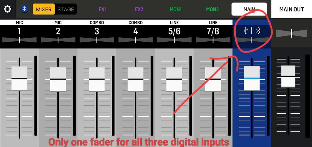 Behringer Flow 8 mixer app screenshot showing a single fader control for Bluetooth and USB inputs.