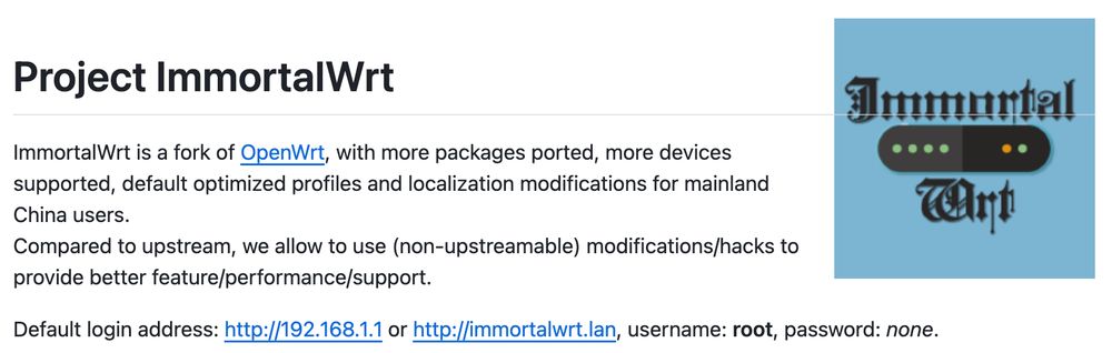 Screenshot from Project ImmortalWrt on GitHub, a China-focused fork of the OpenWrt project.