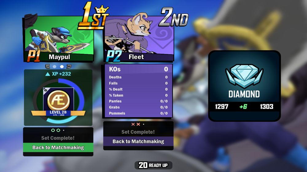 A screenshot of Rivals of Aether 2 showcasing my Maypul beating a Fleet player, which earned me just enough ranked points to get me to Diamond rank (1297 to 1303)