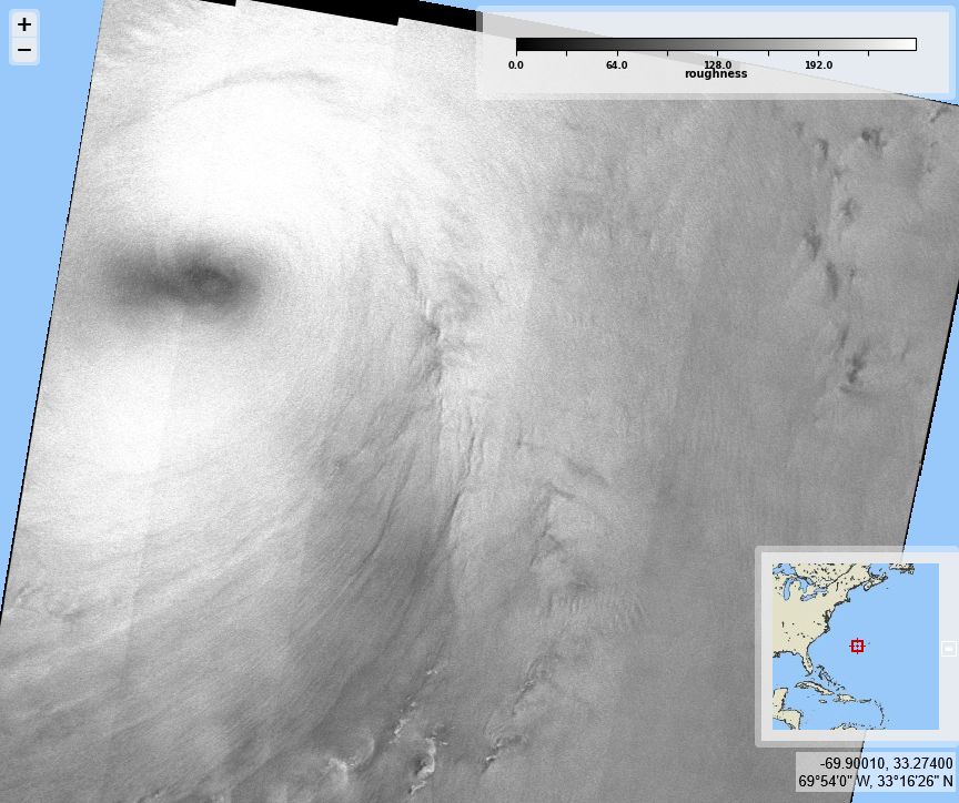 Sea Surface Roughness  SAR data over Hurricane Humberto measured by Sentinel-1A on 2025/09/30 10:35 UTC