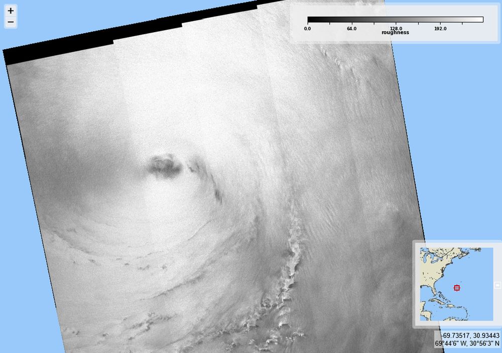 Hurricane #Humberto sea surface roughness from Sentinel-1 A on 2025/09/29. Max winds over 60 m/s