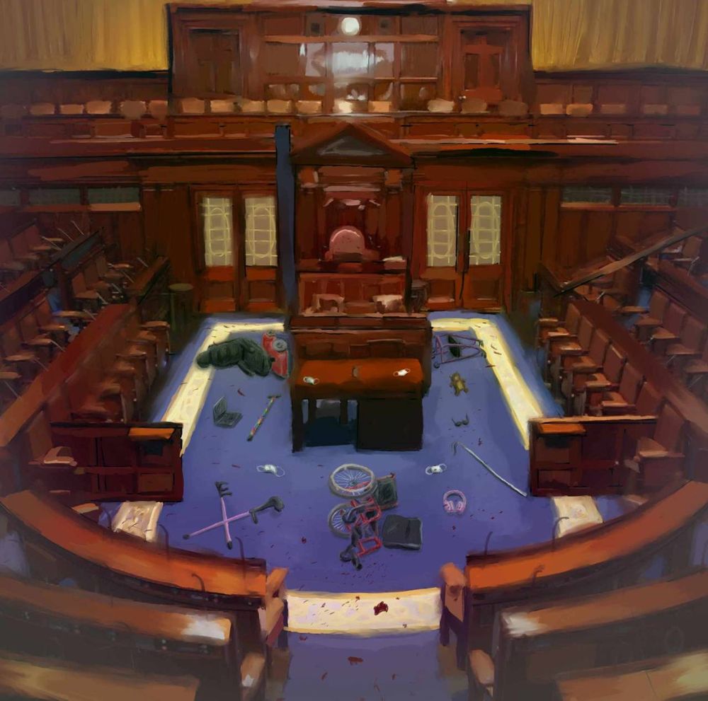 A digital painting / illustration of the Dáil chamber, the seat of government and lower house in Ireland, with disability aids and equipment strewn across the floor along with splatters of blood

The chamber itself has a realistic oil painting style while the wheelchairs, crutches, canes, masks, headphones, walkers, sunglasses, and more have a more chalk-like aesthetic

The seats are empty in the chamber, and the equipment lacks users

I struggled with what styles to use so you can see elements of different versions of it layered in

It's hard to feel "done" when I try for realism so still just hoping it's "ok" sigh

Digital painting, Clip Studio, 2024, Daniella Bella