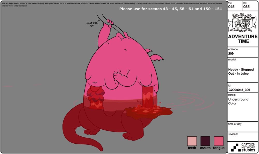 Reference images from adventure time depicting a large pink dragon character with humanoid arms. The creature is reaching up and suckling on a root and is oozing red liquid. To the right of the image are reference notes with a color palette. 