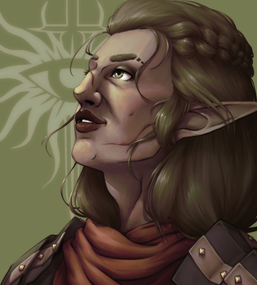 A digital bust portrait of an elven woman with light olive skin and long brown hair, some of which is braided around her temples, and the ends are tucked into her scarf. She is looking up offscreen with a slight smile, and one of her front teeth is broken. Scars cross her nose and cheek. She also has leather armor on her shoulders. The background is a yellow-green, matching her eyes, with the inquisition symbol faintly in the background.