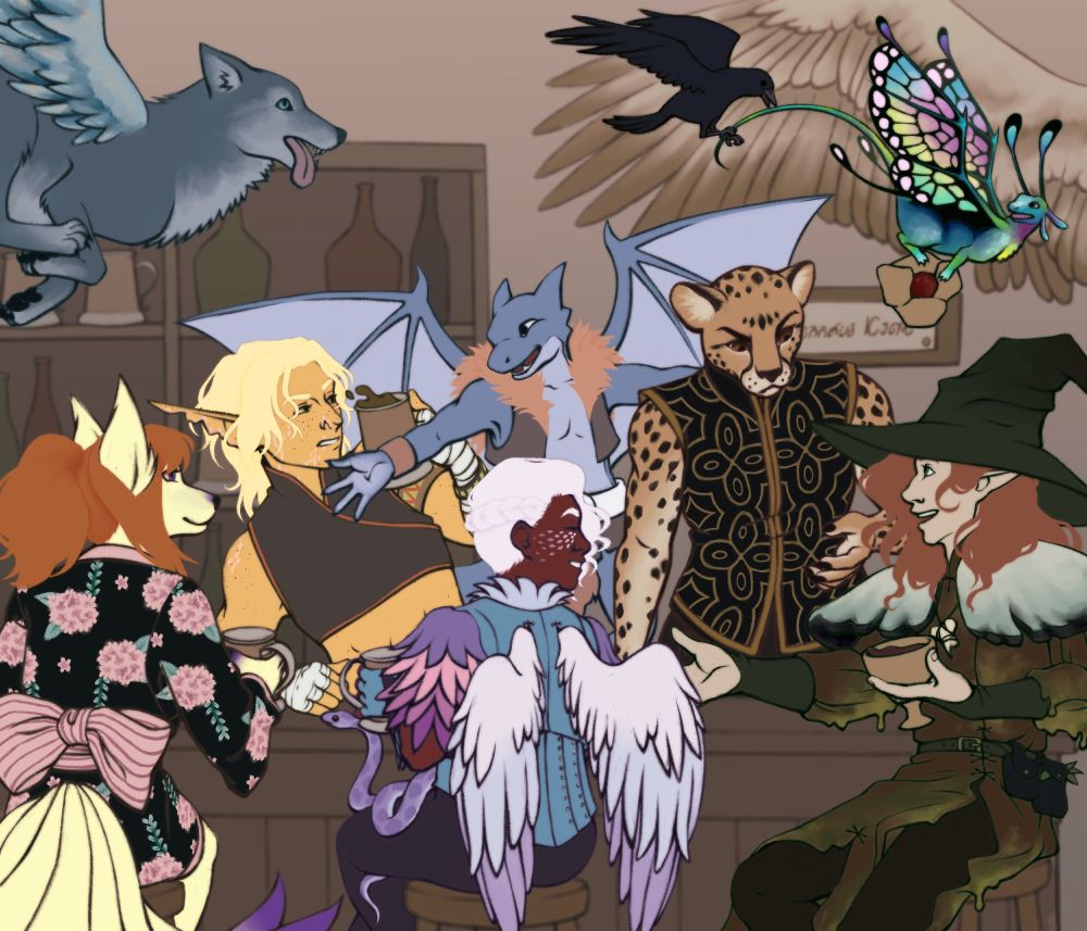 A digital drawing of an eclectic group of characters sitting at a rustic bar. On the left is a yellow kitsune woman with a long orange ponytail wearing a floral kimono and holding a mug, smiling towards the group. Behind the bar in front of her is an elf man with bronze skin and a shaggy blonde mullet, wearing a sleeveless cropped top and bandages on his hands. He's grimacing as his mug is whacked by a blue, winged kobold standing on the bar next to him. The kobold is wearing furry scraps of clothing and grinning widely. In front of them is a black aasimar with short, curly white hair and soft purpley wings. They also hold a mug and smile warmly to their friends. Next behind the bar is a tall cheetah woman, wearing a sleeveless top with gold trim. She's scowling down at the final member of the party, a pale elf with long, wavy auburn hair, wearing a robe that's visibly growing mold and a large green witches hat, drinking a goblet of wine and talking enthusiastically. Above the group, a winged wolf is flying after a crow, who is in turn biting at the tail of a tiny rainbow dragon who has stolen a fruit pie.