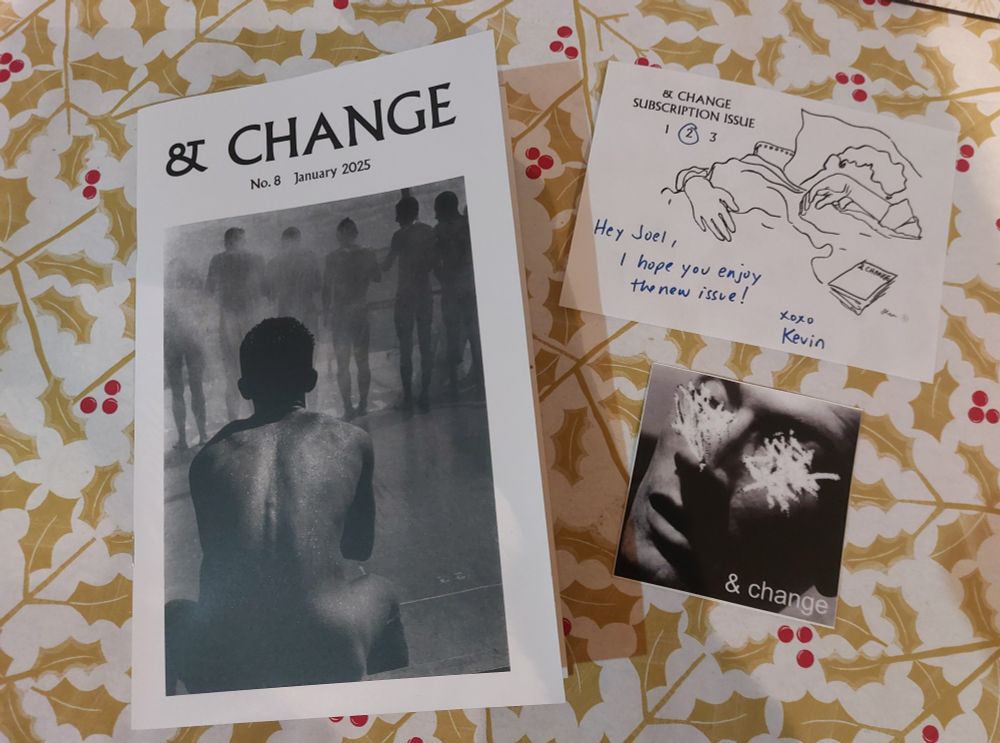 A photo of '& Change' journal no.8 with accompanying sticker and message of thanks 