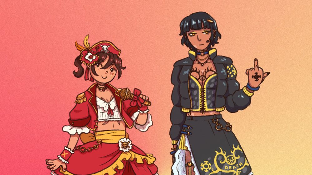 A genderbent illustration of Luffy and Law from One Piece in idol costumes. Luffy is smiling while holding a microphone, and her costume is red and pirate-themed. Law has a neutral expression, is raising her middle finger, and has a black costume with yellow accents.