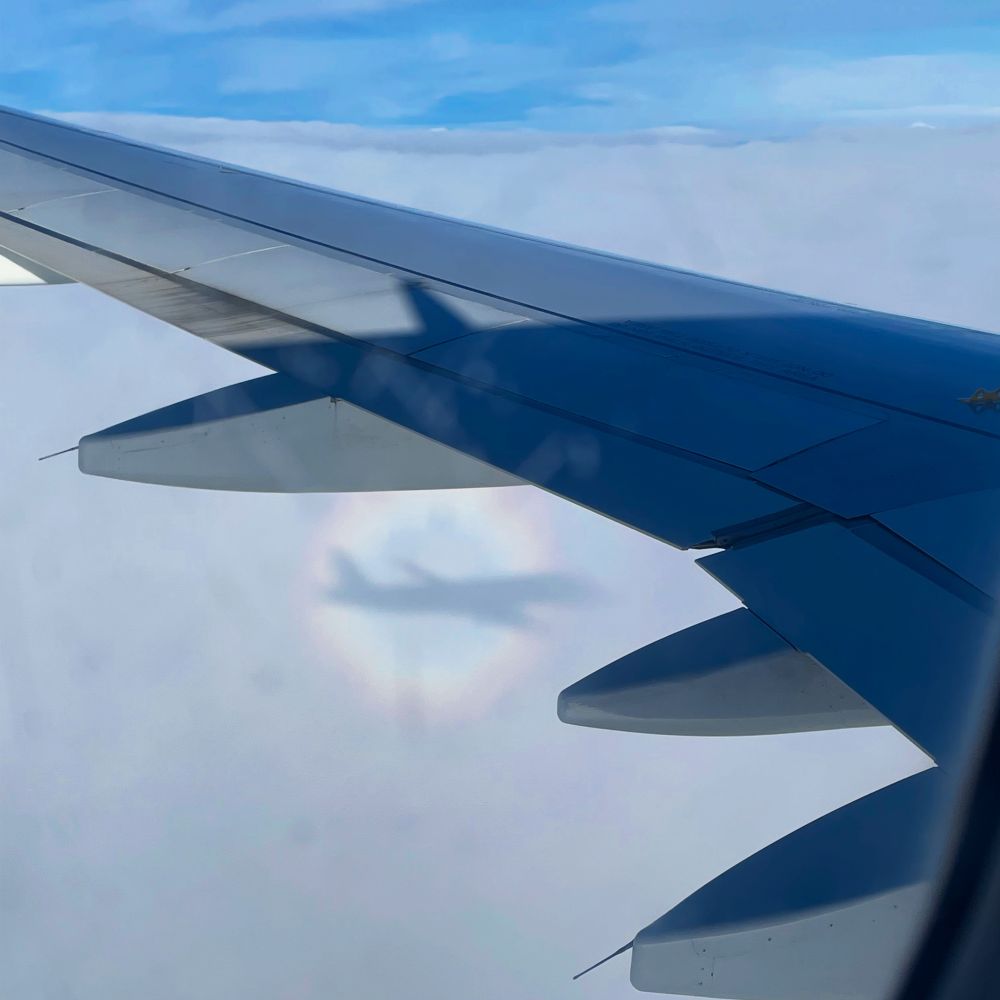 View from an airplane window showing the wing against a backdrop of white cloud. On the clouds below, the faint shadow of the plane is surrounded by a circular rainbow-like halo (a “glory”), visible through the frosted ice crystals on the window.