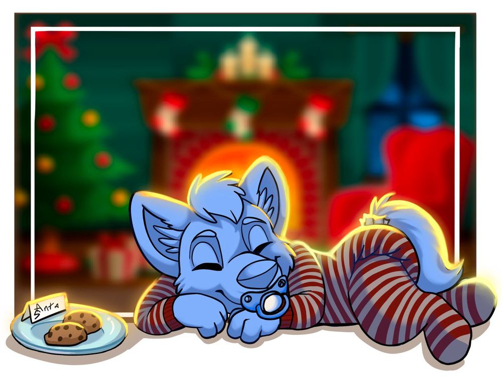Little ABDL babyfur cub asleep, in stripey PJS infront of a christmas scene waiting up for santa infront of a plate of cookies 